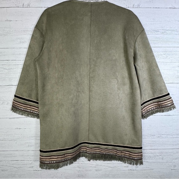 NWT ZARA Olive Green Faux Suede Long Jacket Embroidered Fringe Western Boho - Picture 6 of 6